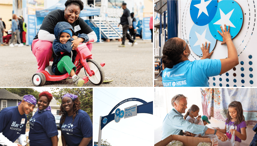 A collage of BlueCross Healthy Place park and volunteers in action