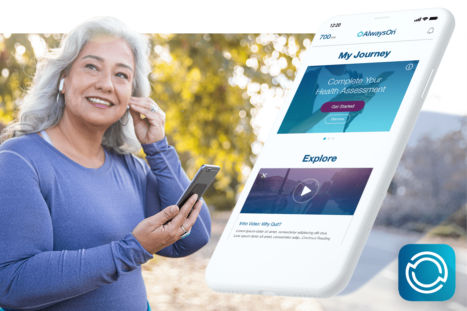 Woman tracking her exercise using the AlwaysOn app on her phone