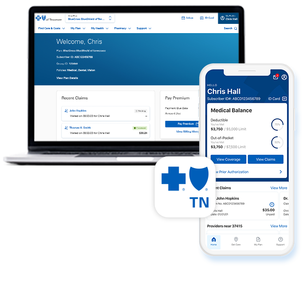 Smartphone showing the BlueCross mobile app and computer showing BlueCross member online account Smartphone showing the BlueCross mobile app and computer showing BlueCross member online account