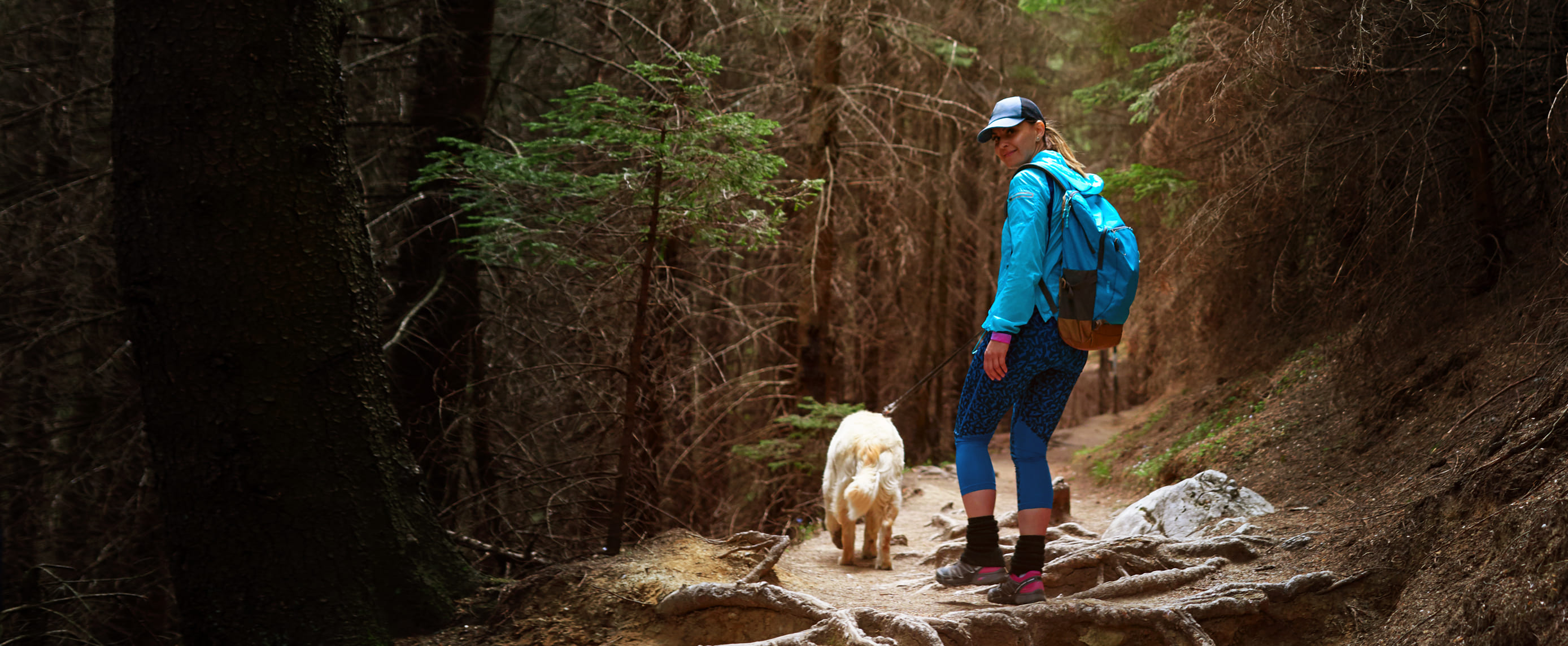 A lady hiking in the woods with her white dog.