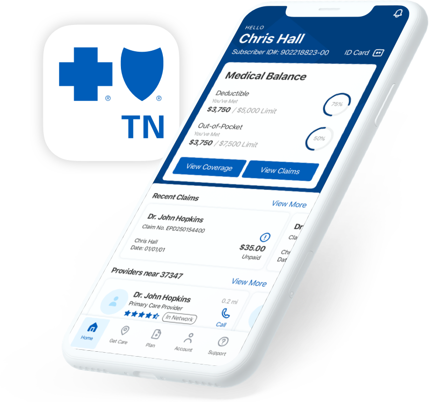 Image of BCBSTN member mobile app on phone screen Image of BCBSTN member mobile app on phone screen
